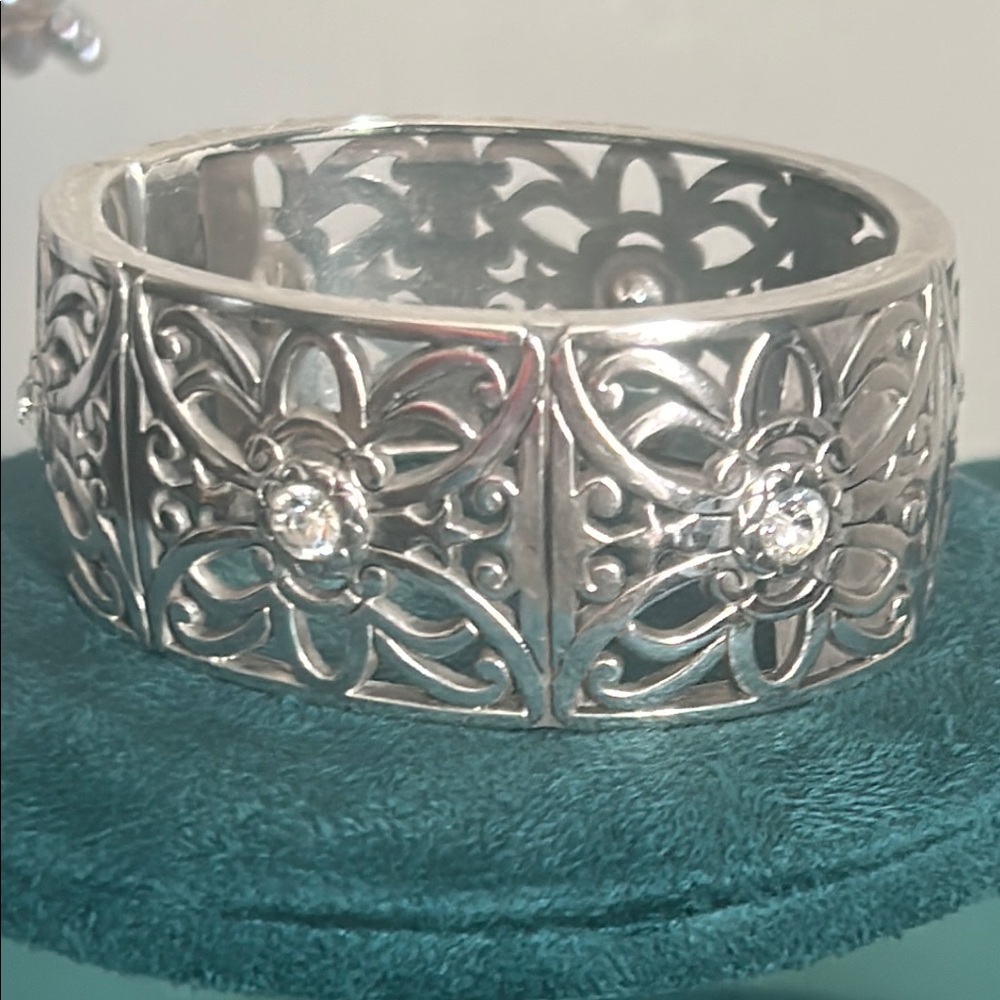 Brighton Belmonte Silver Crystal Accent Filigree Wide Cuff Hinge Bangle Bracelet